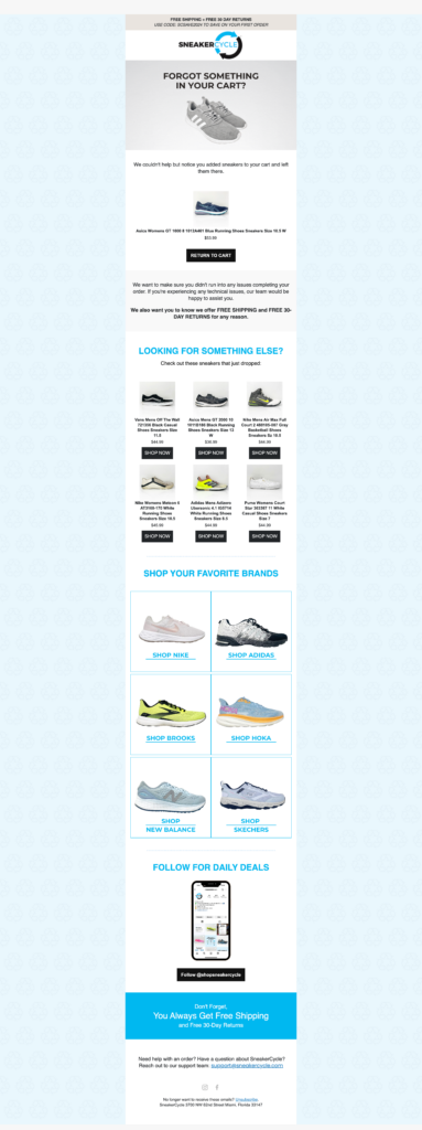 Klaviyo Email Flows: example of an abandoned cart email for a sneaker store. 